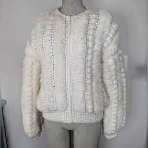 Vintage 70s shag loop popcorn knit sweater coat  Cream Oversized  M Fits M-XL